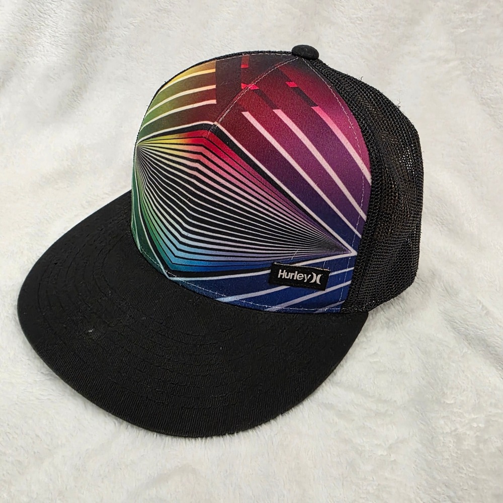 Hurley Mens Rainbow Prism Trucker Hat Black Flat Brim Snapback Mesh Cap Vtg 2011